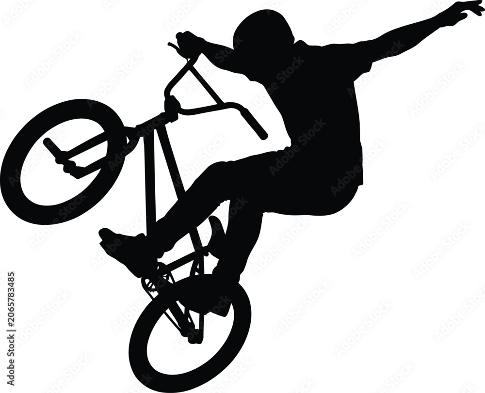 Naklejka premium BMX rider silhouette performing an extreme mid air bicycle stunt vector illustration representing action sports, youth culture, adrenaline, and freestyle trick concept