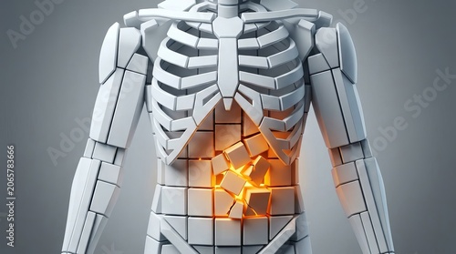 Abstract robotic human torso with glowing abdominal pain area.