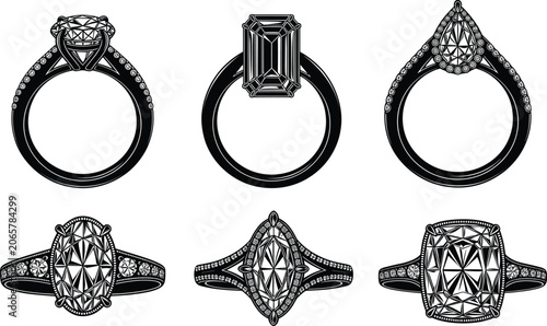 Fotografie Elegant engagement ring collection, round, emerald, pear, oval, marquise, and cu