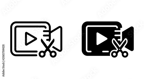 Video Editing Icons, Play Button and Scissors Symbols, Digital Media Cut and Trim Tools, Vector Graphics