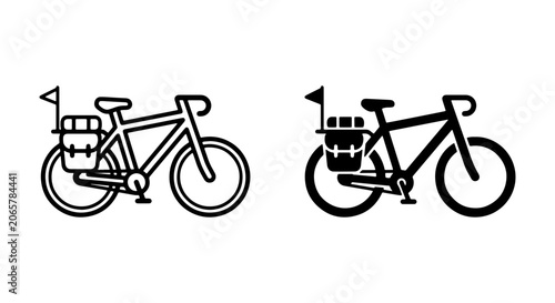 Touring Bicycle Icons, Travel Bike Vector Graphics, Cycling Adventure Set, Black and White Line Art