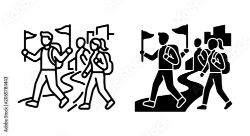 Group Trekking Icons, Backpackers Hiking Path, Urban Exploration Vector Set, Adventure Journey Symbols