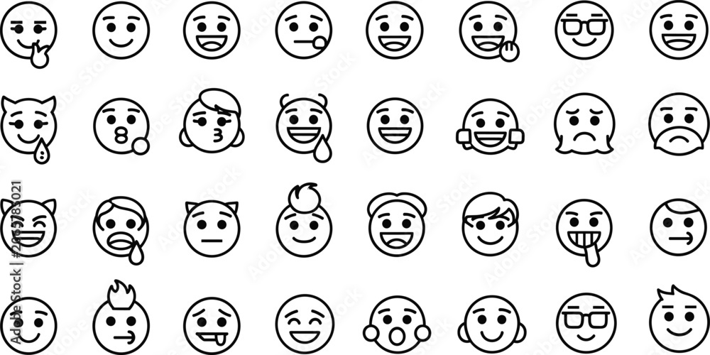 Fototapeta premium Emoji Face Icon Set Featuring 30 Expressions and Characters in Black and White