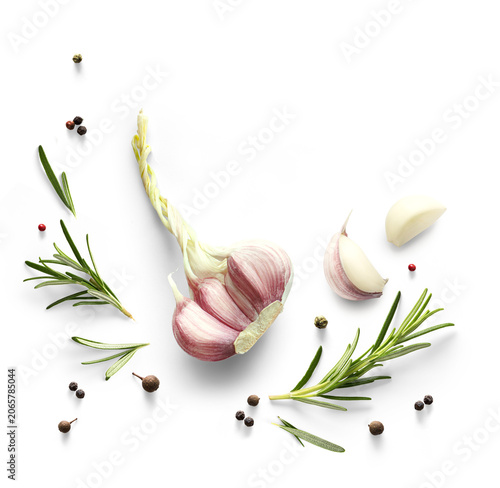 frame border Fresh green organic rosemary leaves and garlic isolated on white background. Transparent background and natural transparent shadow; Ingredient, spice for cooking. collection for design