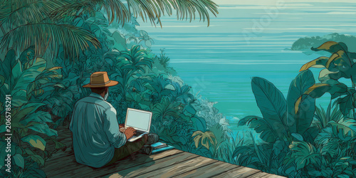 Researcher working remotely from tropical jungle overlooking ocean