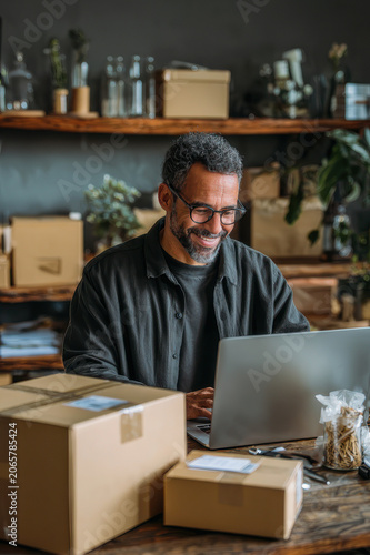 Small business owner managing online orders and preparing packages for shipment