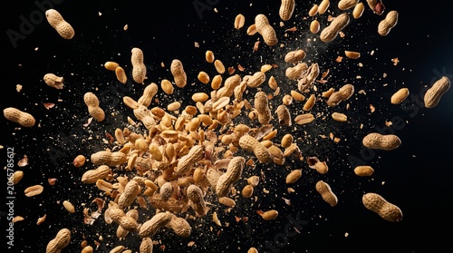 Dynamic High Speed Explosion of Raw Peanuts Isolated on a Deep Black Background for Culinary Photography