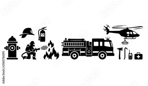 Foto Fire Fighting Equipment and Firefighter Black Silhouette Vector Collection with