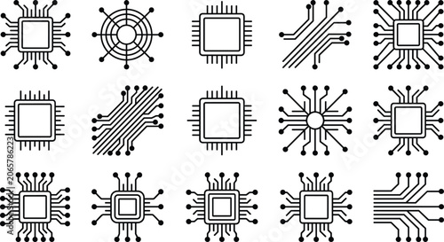 Bild auf Leinwand Microchip and Circuit Board Line Vector Icon Set with CPU Processor Computer Har