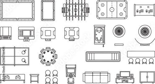 Game room furniture and entertainment equipment top view icons set in flat black and white line art