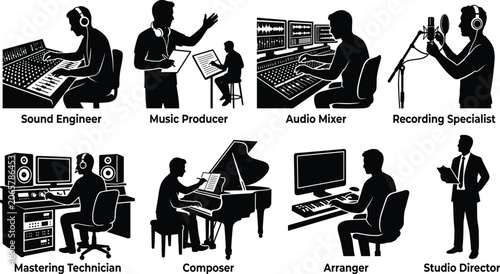Obraz na plátně Music Production Studio Silhouette Collection with Audio Engineering and Recordi