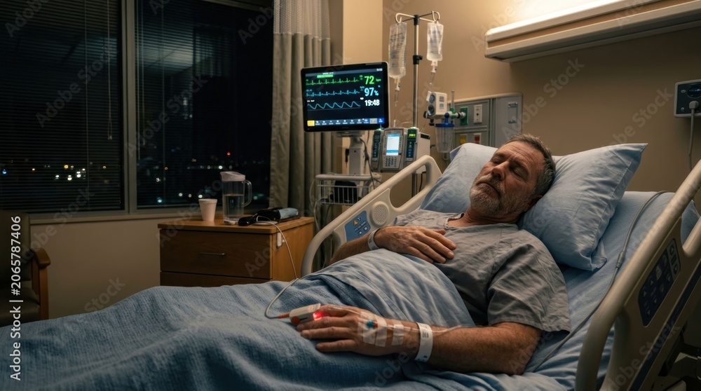 Fototapeta premium Elderly Man Recovering in Hospital Bed with Medical Equipment at Night.
