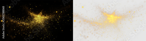 Colorful burst of yellow and orange particles on a transparent background showing dynamic energy in motion