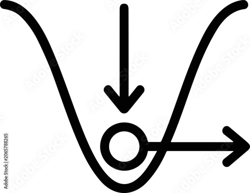 Ball in a potential well with downward and outward arrows, concept of physics and energy