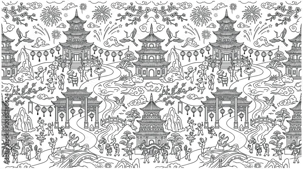 Naklejka premium Chinese new year celebration with pagoda temple and dancers line art page.