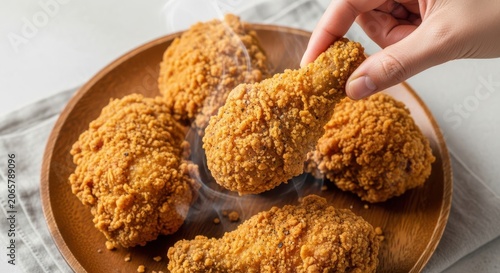 Crispy fried chicken in a rustic wooden bowl
