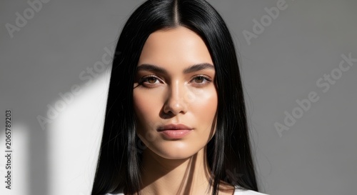 Elegant portrait of a woman with long dark hair and neutral makeup