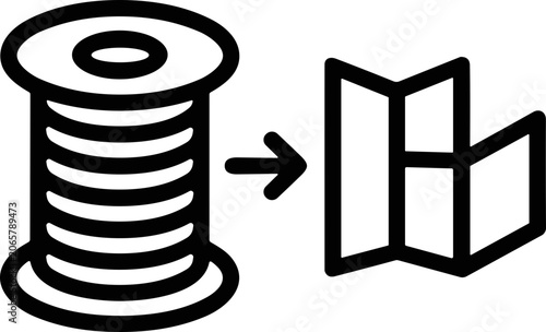 Spool of thread transforming into a folded map icon, representing creation, planning, or journey.