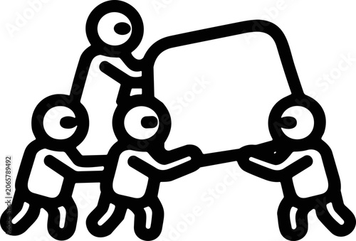 Teamwork concept: stick figures lifting a large square together, collaboration, synergy, effort