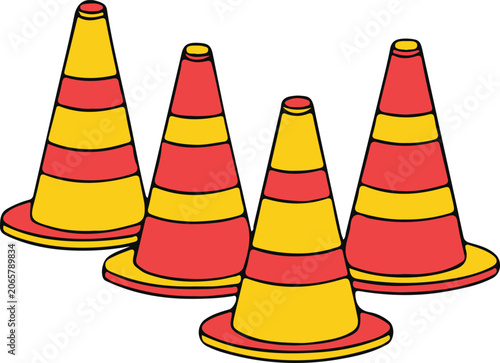 Cartoon Traffic Cones Set Isolated on White Background – Road Safety and Construction Warning Illustration