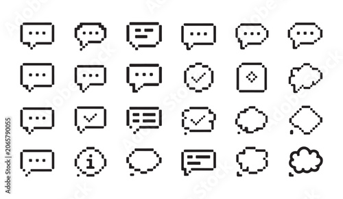 Various pixel art speech bubble icons set for digital chat interfaces and mobile messaging.