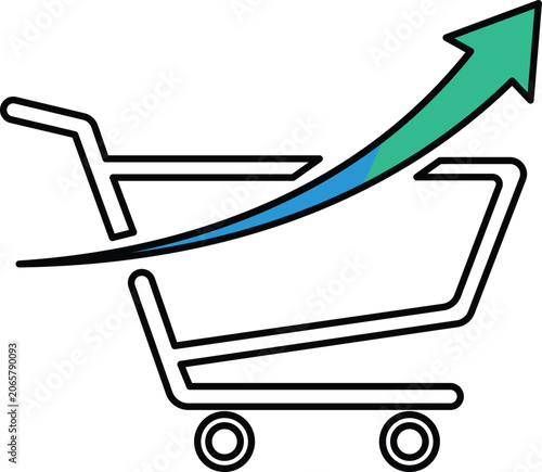 Obraz na plátně Shopping cart with rising trend arrow shoppingcart blue green upwardarrow linear
