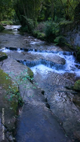 Landscape along a river near San Pedro del Romeral. Pas-Miera region. Pasiegos Valleys. Cantabria. Spain. Europe