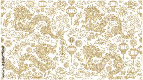 Traditional chinese dragon pattern with golden line art and symbols.