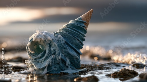 Melting ice cream cone on a shore with waves and ice crystals