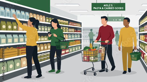 Photos People shopping for groceries in a supermarket aisle with full shelves