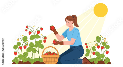 Woman harvesting strawberries in garden with basket and sun flat vector illustration silhouette gardener gardening strawberry fruit berries harvest picking