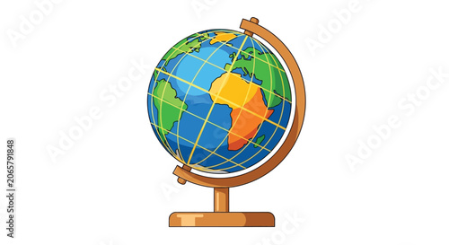 Detailed terrestrial globe with stand and cartography colorful vector illustration silhouette world geography cartography map continents africa asia europe americas