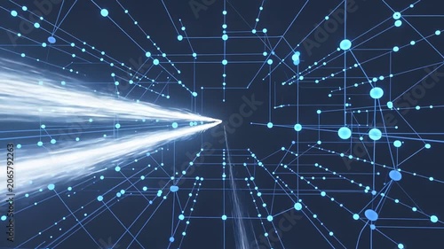 Digital network grid with glowing blue nodes and fast data transmission beam