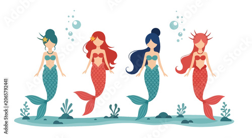 Tableau sur toile Four stylized mermaid figures with flowing hair and scaled tails depicted as a f