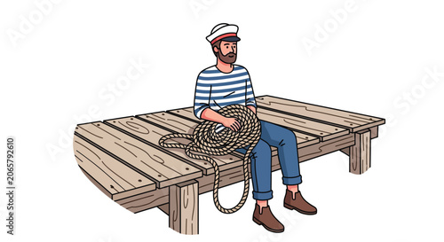 Canvastavla Seated sailor with coiled rope and striped shirt colorful vector illustration si