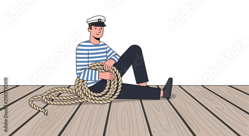 Fotografía Sailor with coiled rope sitting on wooden planks a flat vector illustration silh
