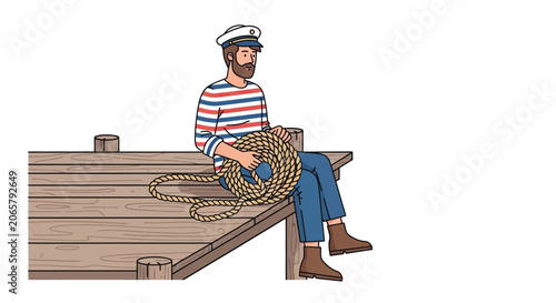 Bilde på lerret Sailor with rope sitting on wooden planks a colorful vector illustration silhoue