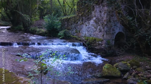 Landscape along a river near San Pedro del Romeral. Pas-Miera region. Pasiegos Valleys. Cantabria. Spain. Europe