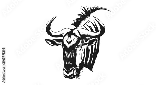 Black and White Wildebeest Head Illustration