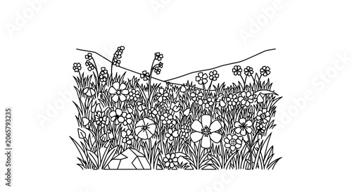 Black and White Wildflower Meadow Line Art Coloring Page