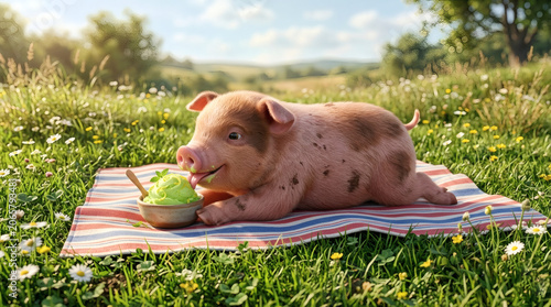 Cute piglet eating green icecream