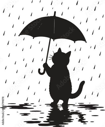 Cat With Umbrella In Rain Silhouette