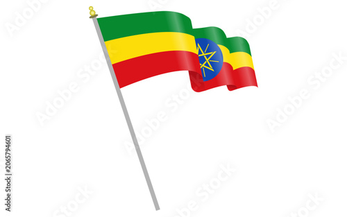 3D Render of Waving Ethiopia National Flag on Flagpole, Isolated Waving Flag of Ethiopia