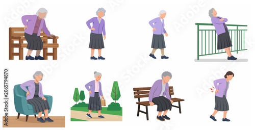 Quadro su tela Senior woman suffering from chronic back pain and spinal discomfort in various a