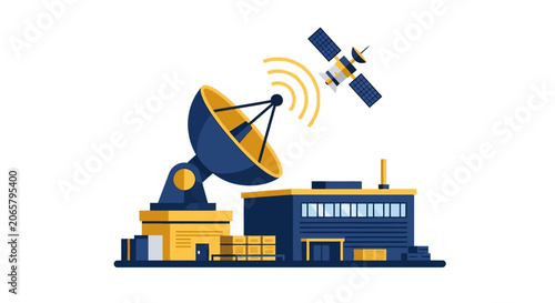 Modern Satellite Ground Station and Orbiting Satellite Vector Illustration for Global Telecommunications, Data Transmission, and Space Technology Concepts