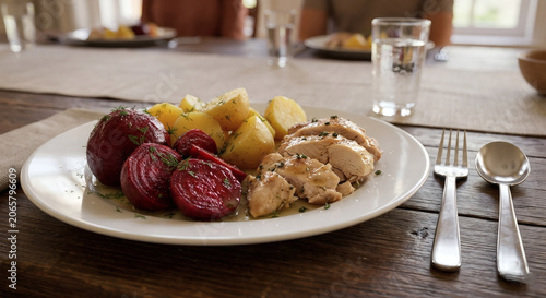 Healthy boiled chicken beet dinner