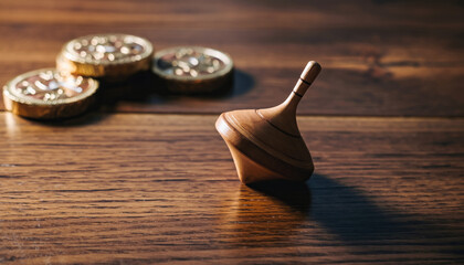 Wooden dreidel spinning on a table with chocolate coins around