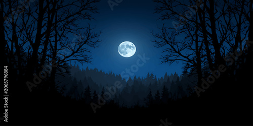 Full Blue Moon Over Pine Forest Silhouette at Night
