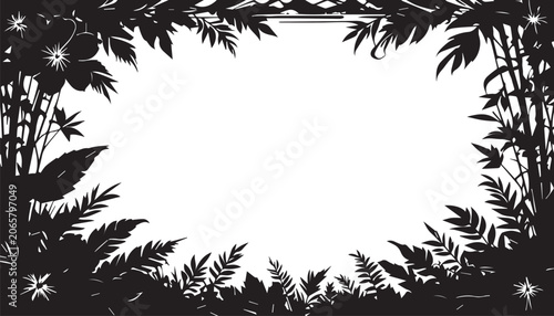 Foliage frame consists of detailed tropical leaves and exotic flower silhouettes that create a vibrant natural border around a spacious white center area for custom text or imagery.