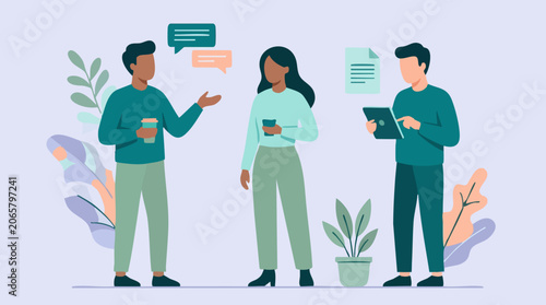 Diverse business team communicating and collaborating in flat design illustration